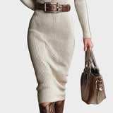 Gabriela | Belted Knit Midi Dress with Funnel Neck