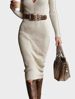Gabriela | Belted Knit Midi Dress with Funnel Neck