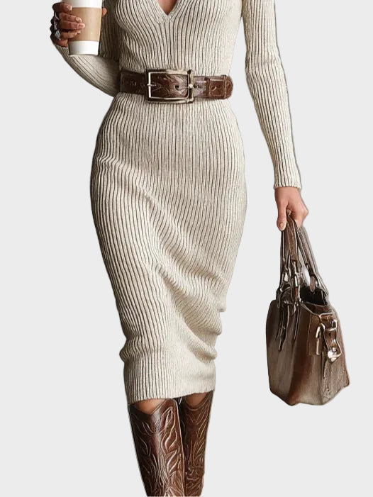 Gabriela | Belted Knit Midi Dress with Funnel Neck
