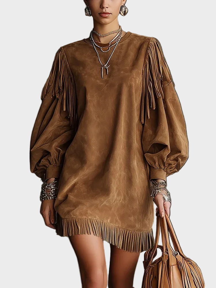 Vintage Short Dress with Sleeves Brown, photo studio