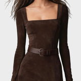 Elegant Dark Brown Vegan Leather Maxi Dress with Square Neck