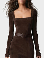 Elegant Dark Brown Vegan Leather Maxi Dress with Square Neck