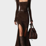 Elegant Dark Brown Vegan Leather Maxi Dress with Square Neck
