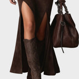 Elegant Dark Brown Vegan Leather Maxi Dress with Square Neck