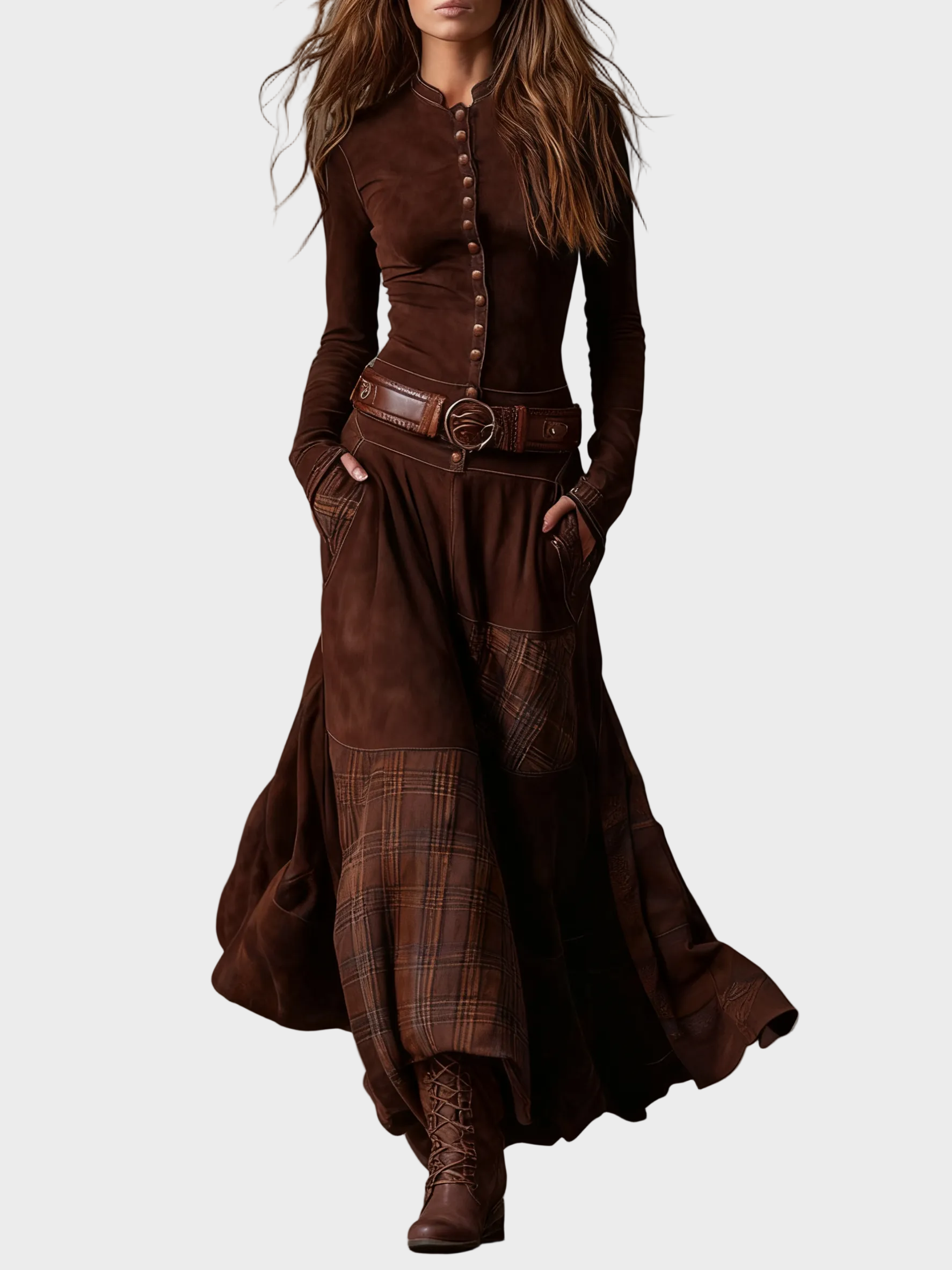 Helena | Belted Navy Suede Maxi Dress Brown, photo studio