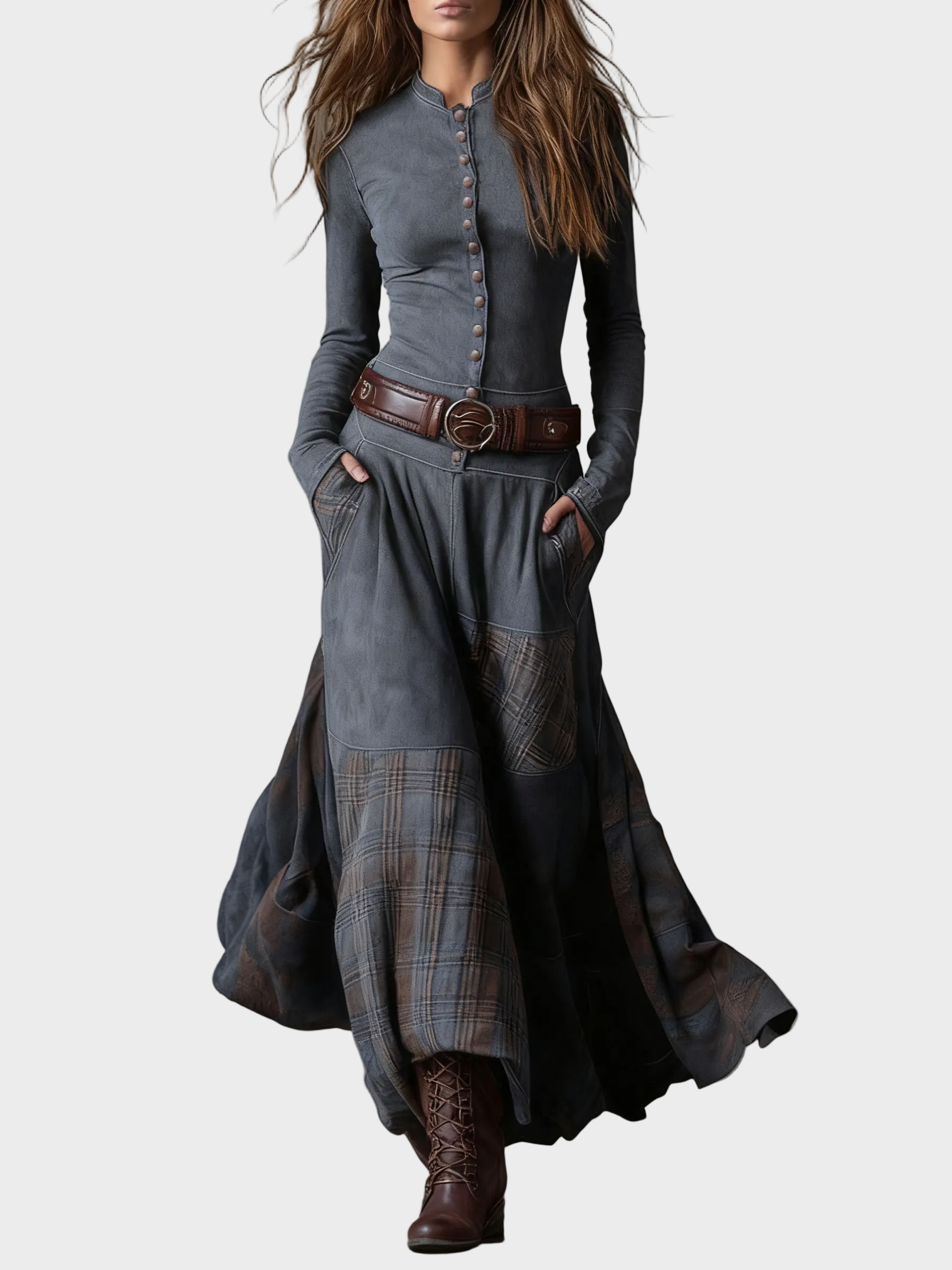 Helena | Belted Navy Suede Maxi Dress Grey, photo studio
