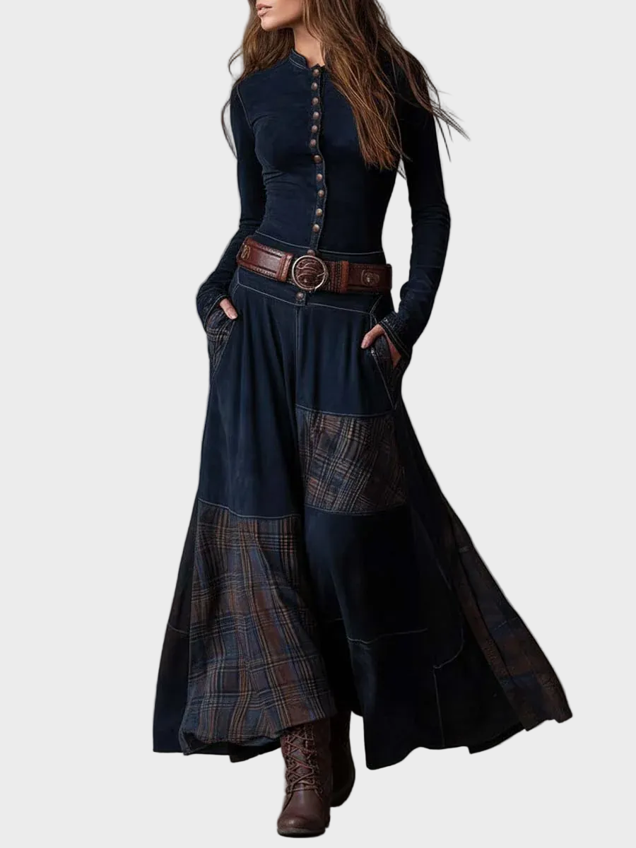 Helena | Belted Navy Suede Maxi Dress
