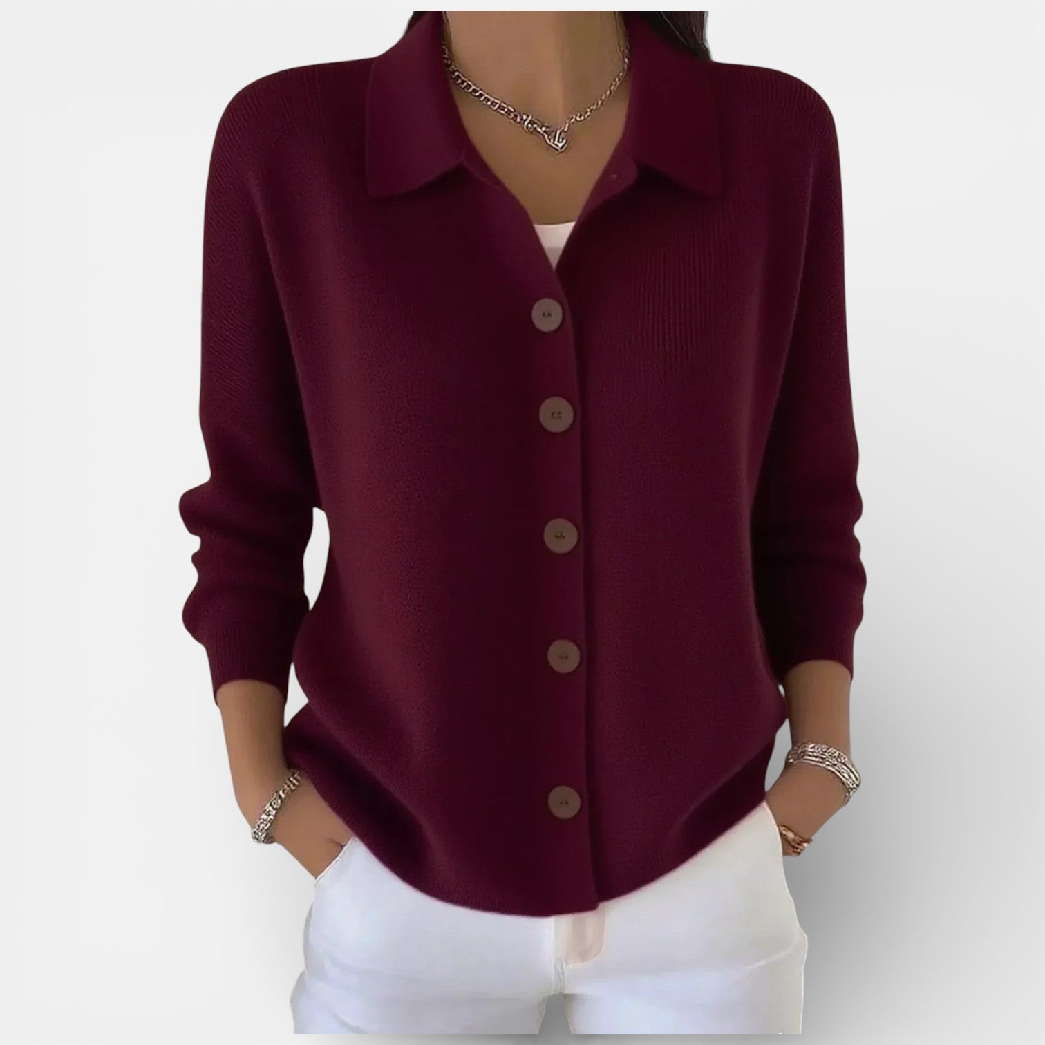 Rosanna | Knit Polo-Collar Button Blouse Burgundy, studio photo