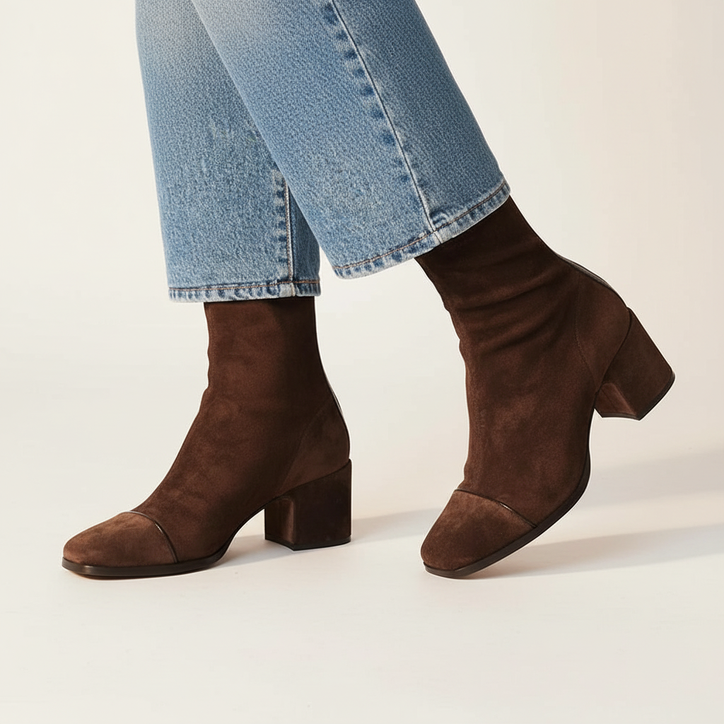 Lilia Elegant Suede Ankle Boots Dark Brown, photo studio