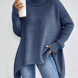 Long Split-Hem Turtleneck Jumper
