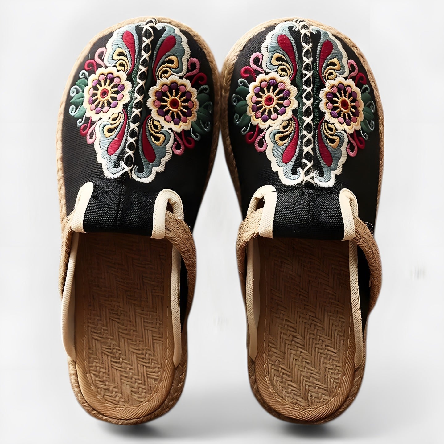 Loretta | Women's Embroidered Flat Sandals Black, photo studio