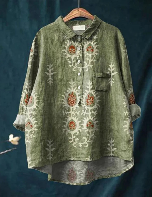 Mariella | Vintage Romantic Print Blouse Green Floral, studio photo