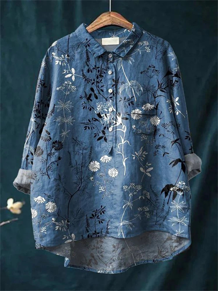 Mariella | Vintage Romantic Print Blouse Blue Floral Print, studio photo