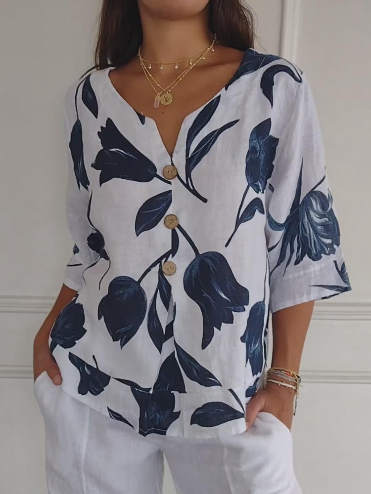Nova | Floral V-Neck Blouse White, studio photo