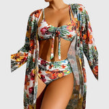 Bikini Set with Kimono in White Tropical Hibiscus