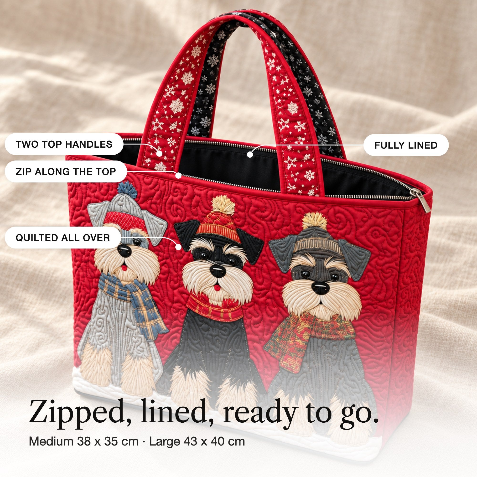 Aelwen | Quilted Tote Bag with Three Christmas Schnauzers, detail