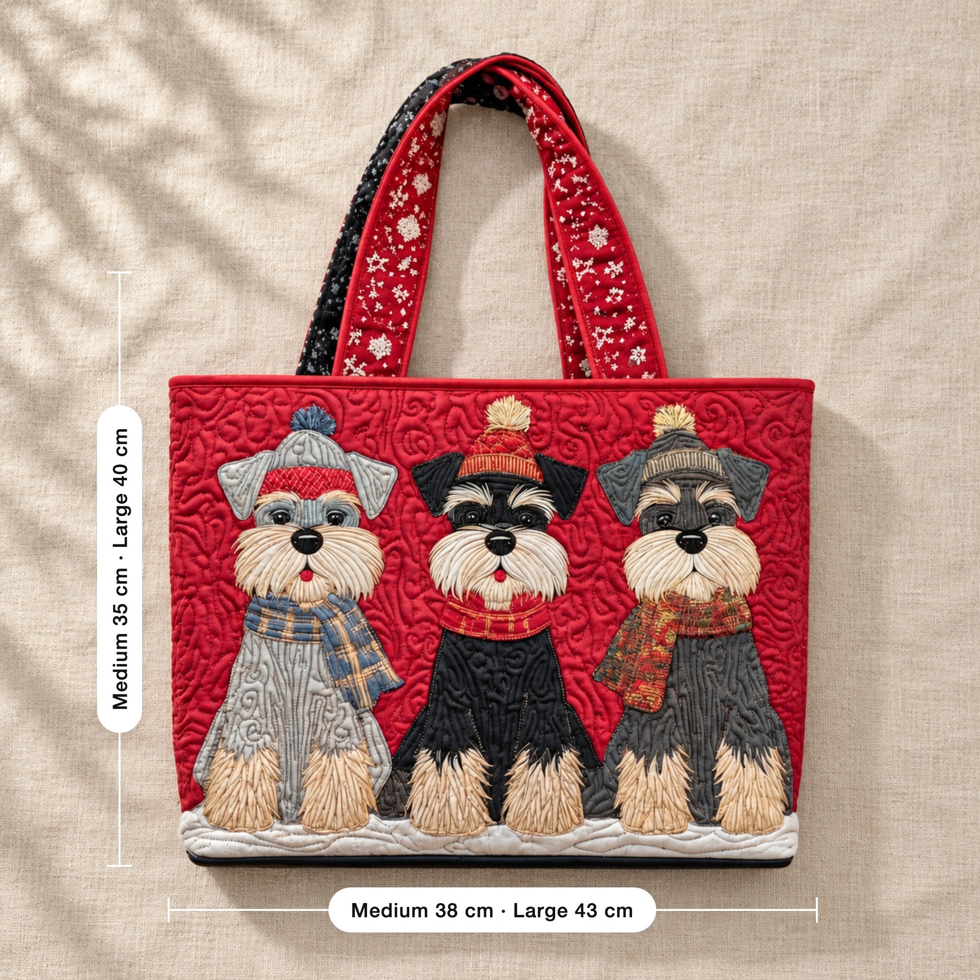 Aelwen | Quilted Tote Bag with Three Christmas Schnauzers, flat lay with sizes