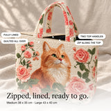 Ainsley | Quilted Tote Bag with a Cat Among Roses