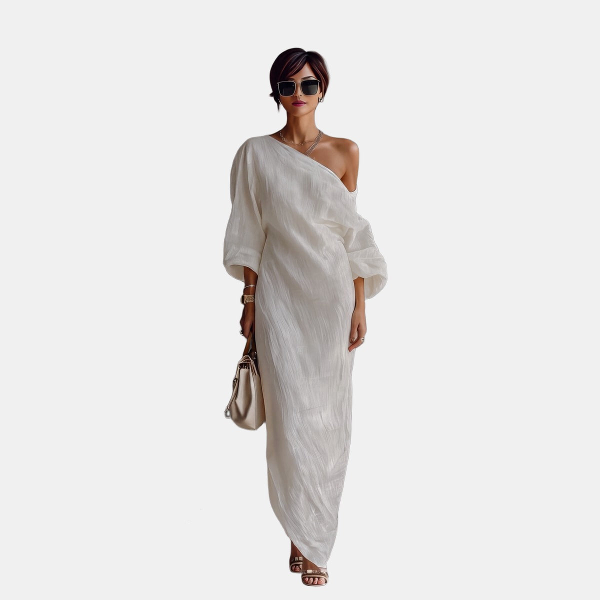 Alice | One-Shoulder Linen Maxi Dress Ivory, studio photo