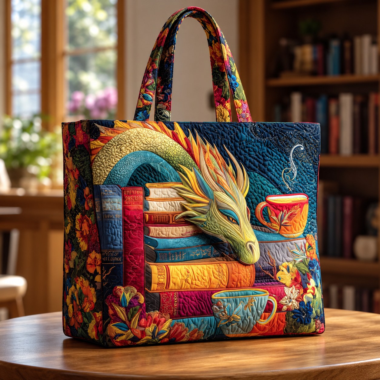 Handcrafted Bag - Reading Dragon with Books and Cups
