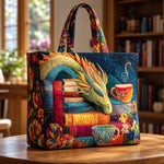 Almira | Quilted Tote with a Dragon, Books and Teacups