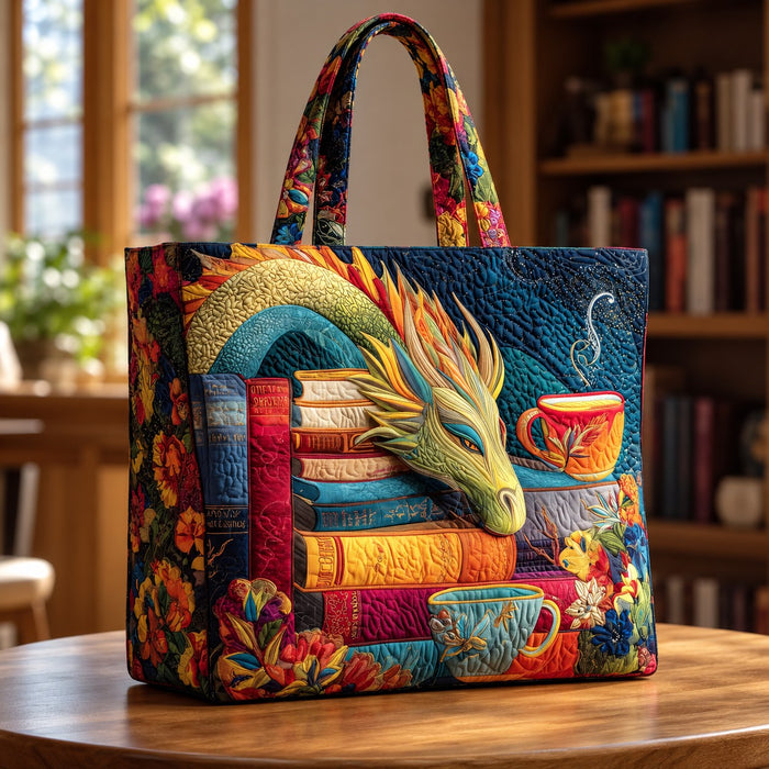 Almira | Quilted Tote with a Dragon, Books and Teacups