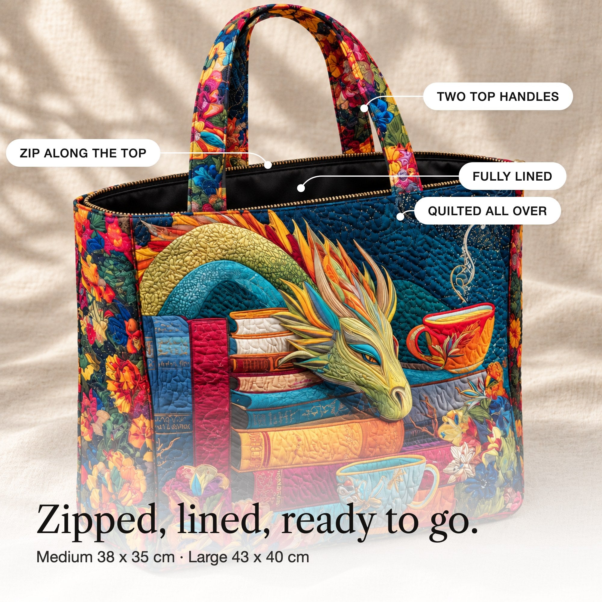 Almira | Quilted Tote with a Dragon, Books and Teacups, detail