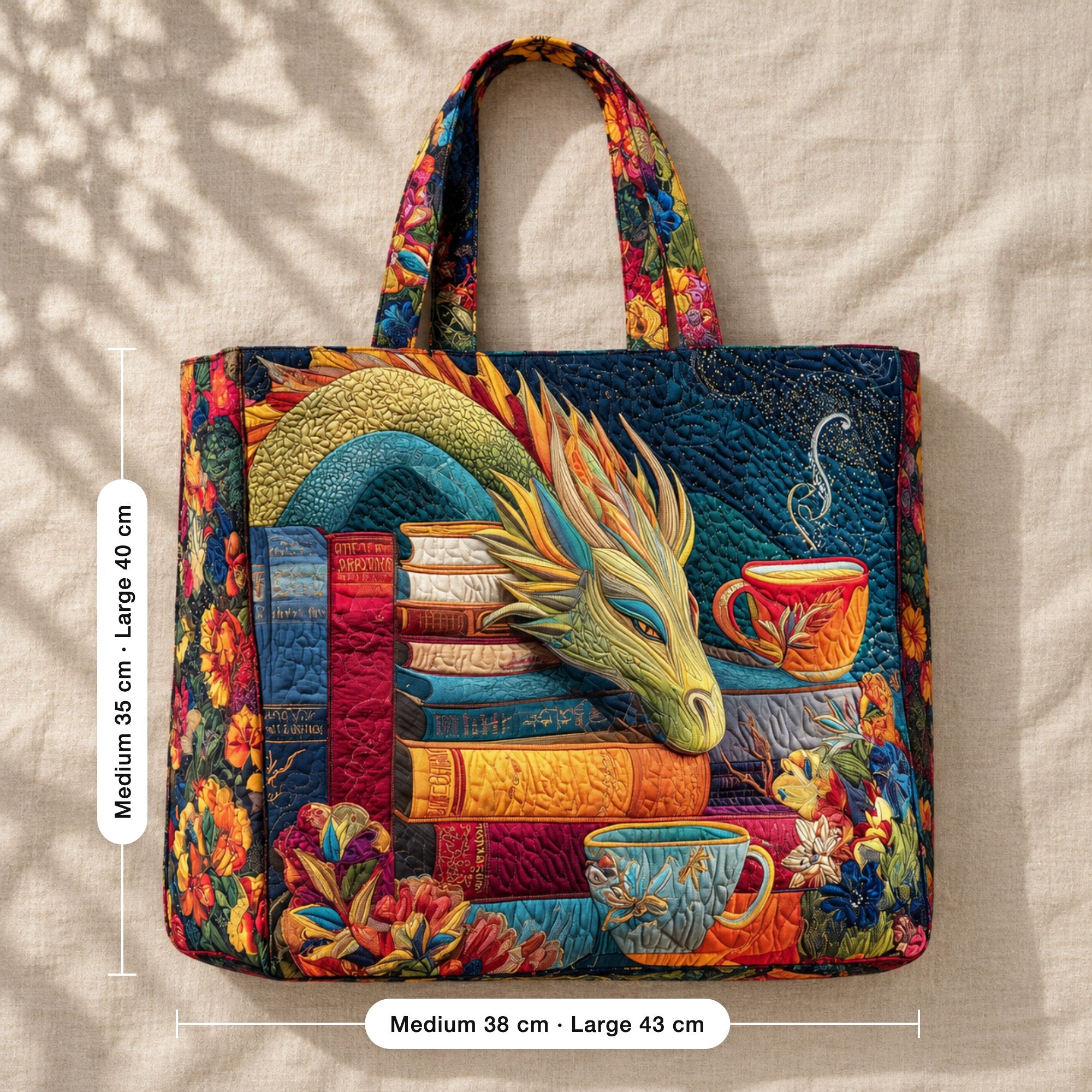 Almira | Quilted Tote with a Dragon, Books and Teacups, flat lay with sizes