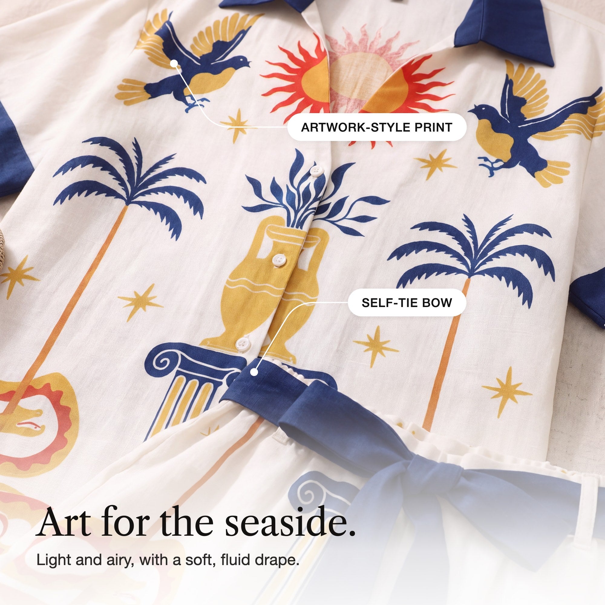 Ambrosine | Sun and Palm Print Shirt and Tie-Waist Shorts Set, detail
