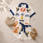 Ambrosine | Sun and Palm Print Shirt and Tie-Waist Shorts Set
