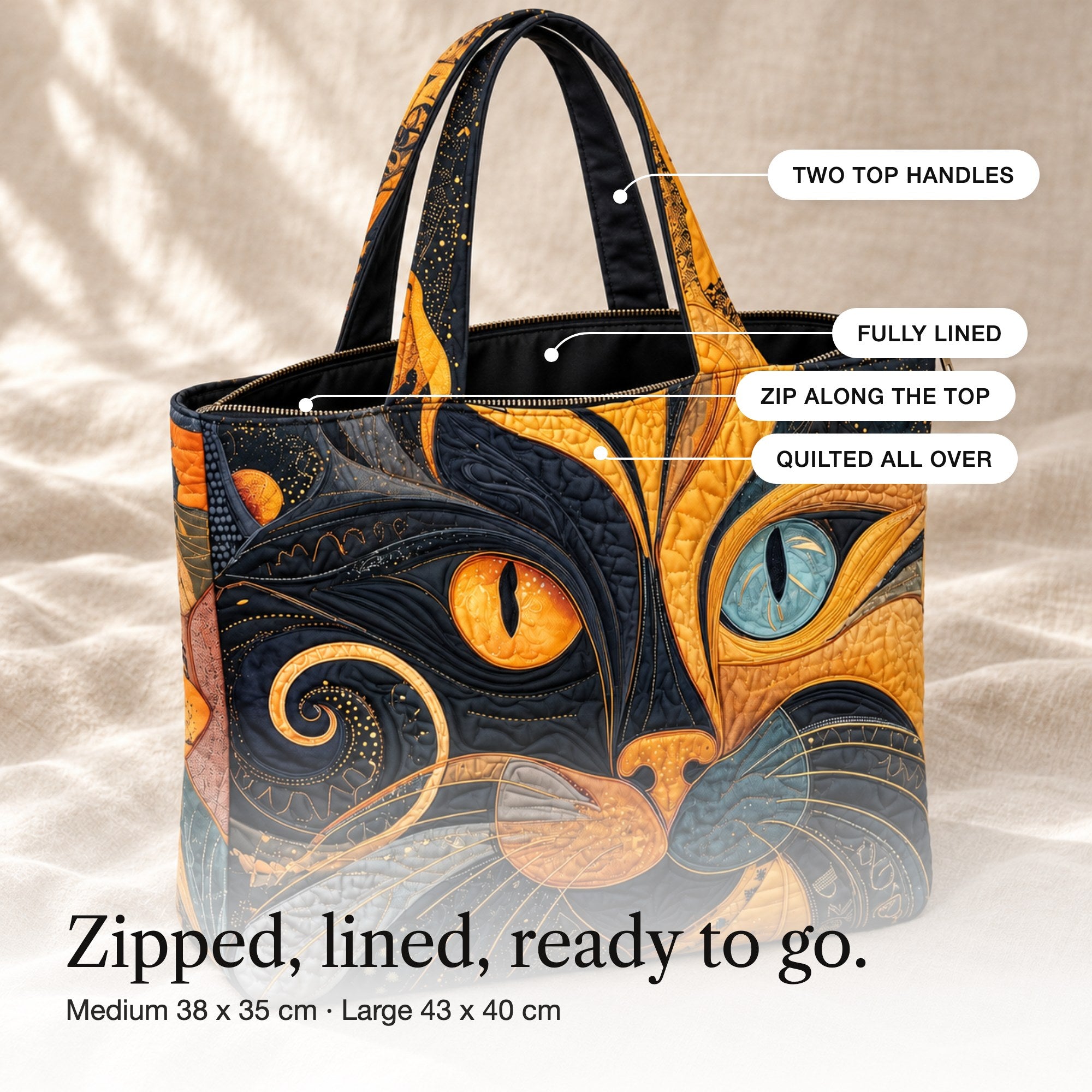 Anabel | Quilted Tote with a Mystic Cat Face, detail
