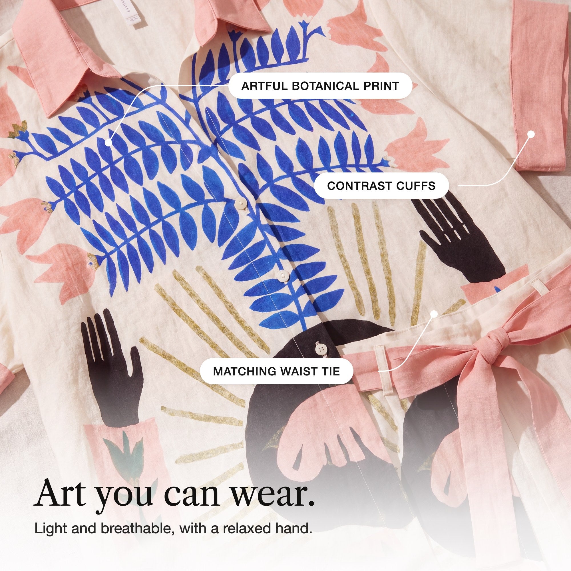 Anaelle | Botanical Art Print Shirt and Tie-Waist Shorts Set, detail
