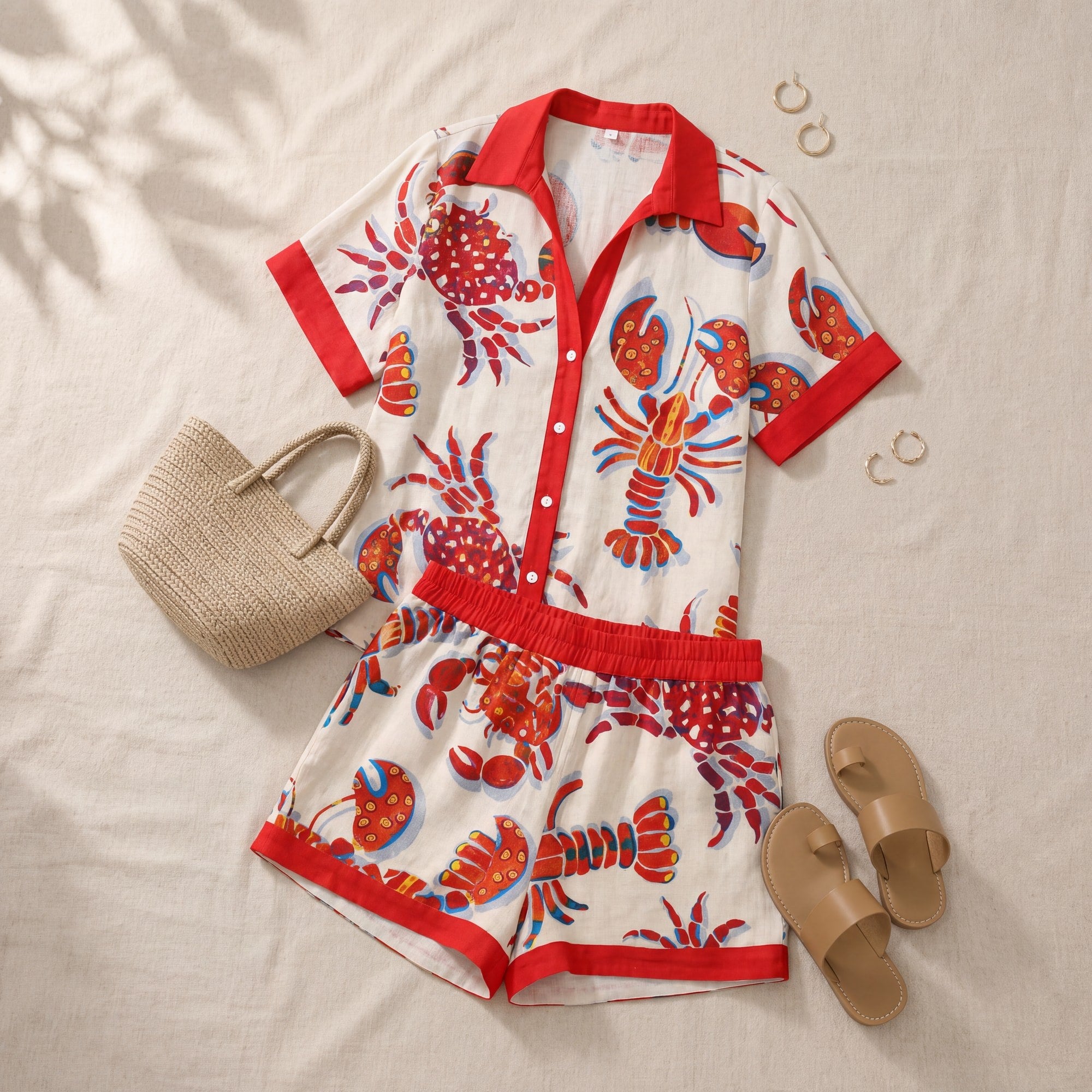 Anastasie | Lobster and Crab Print Shirt and Shorts Set, flat lay