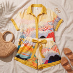 Angelique | Abstract Wave Print Shirt and Tie-Waist Shorts Set