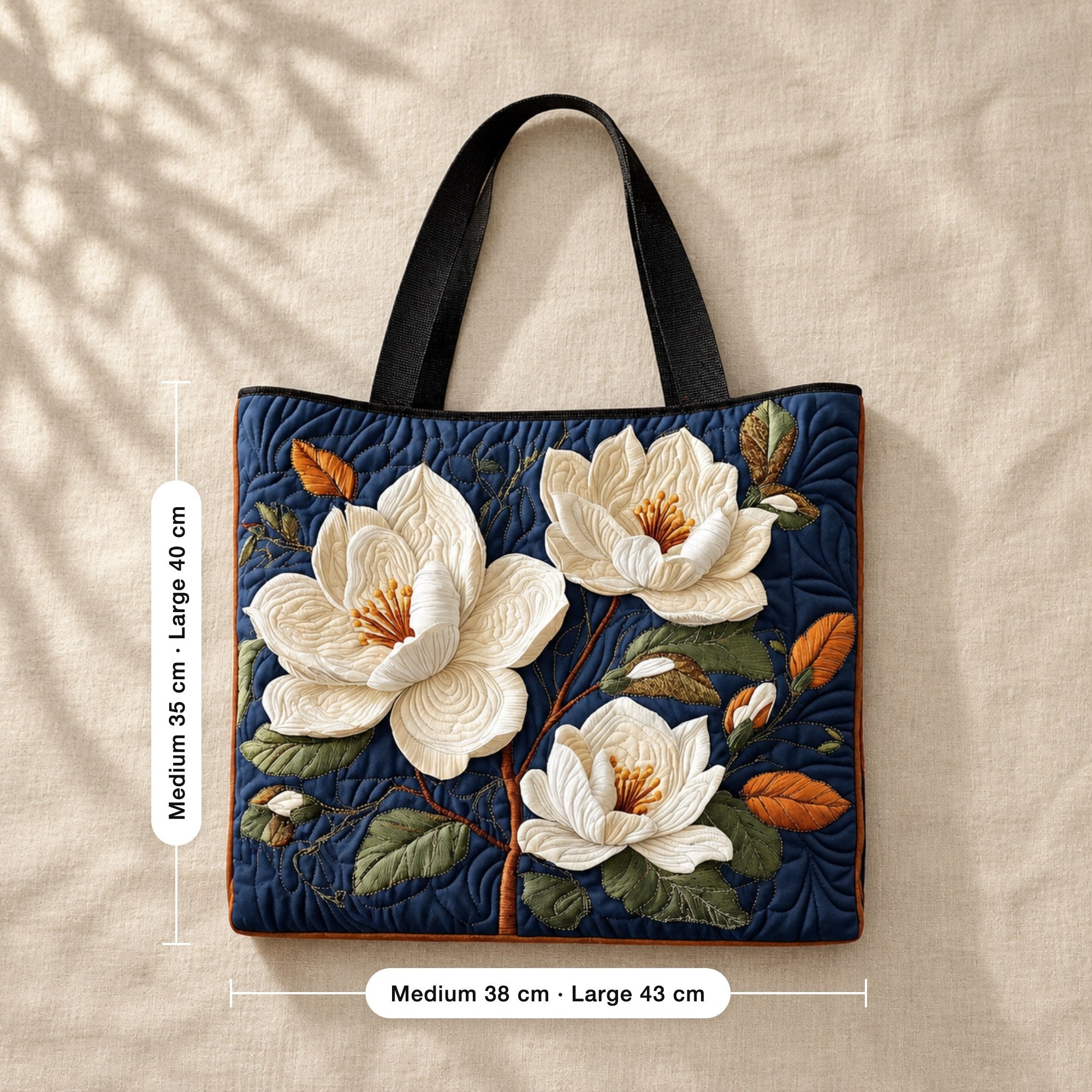 Annalisa | Quilted Tote Bag with Magnolia Blooms, flat lay with sizes