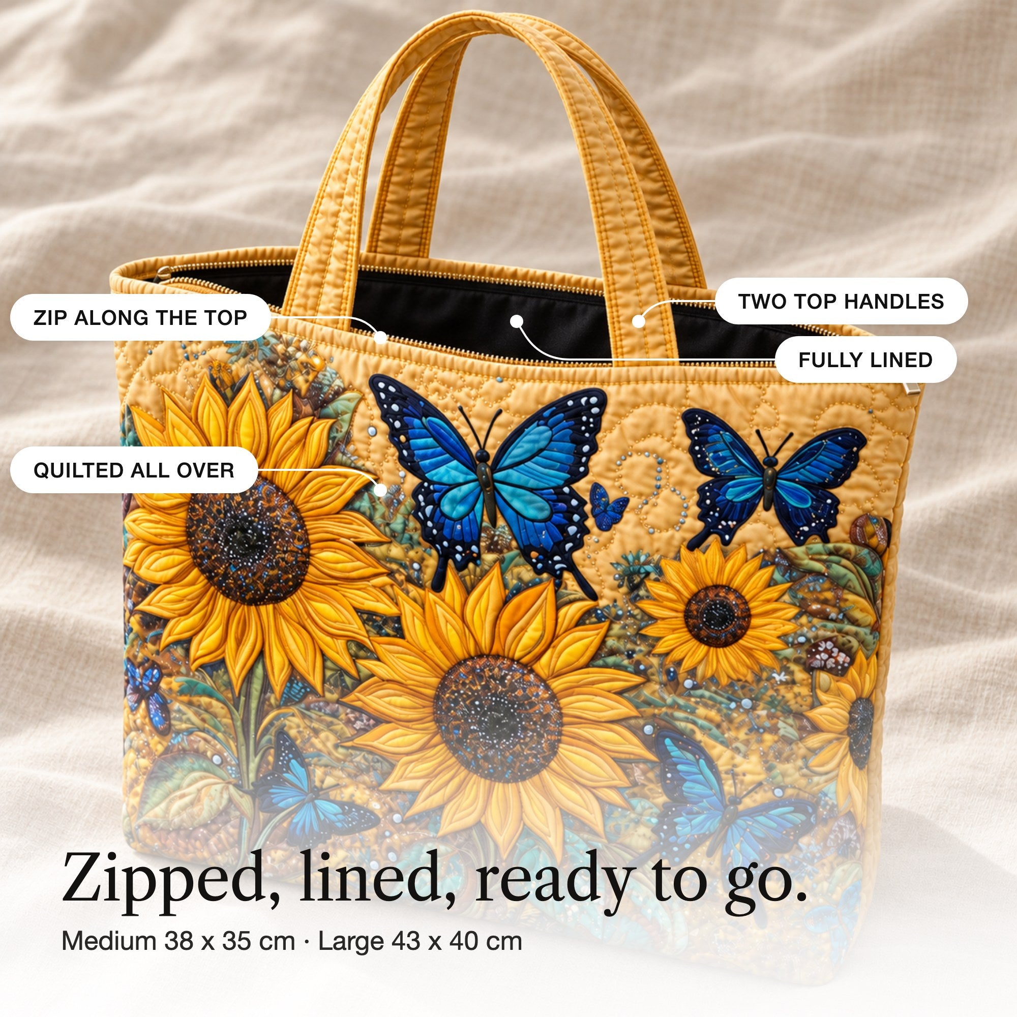 Anne | Quilted Tote Bag with Sunflowers and Butterflies, detail