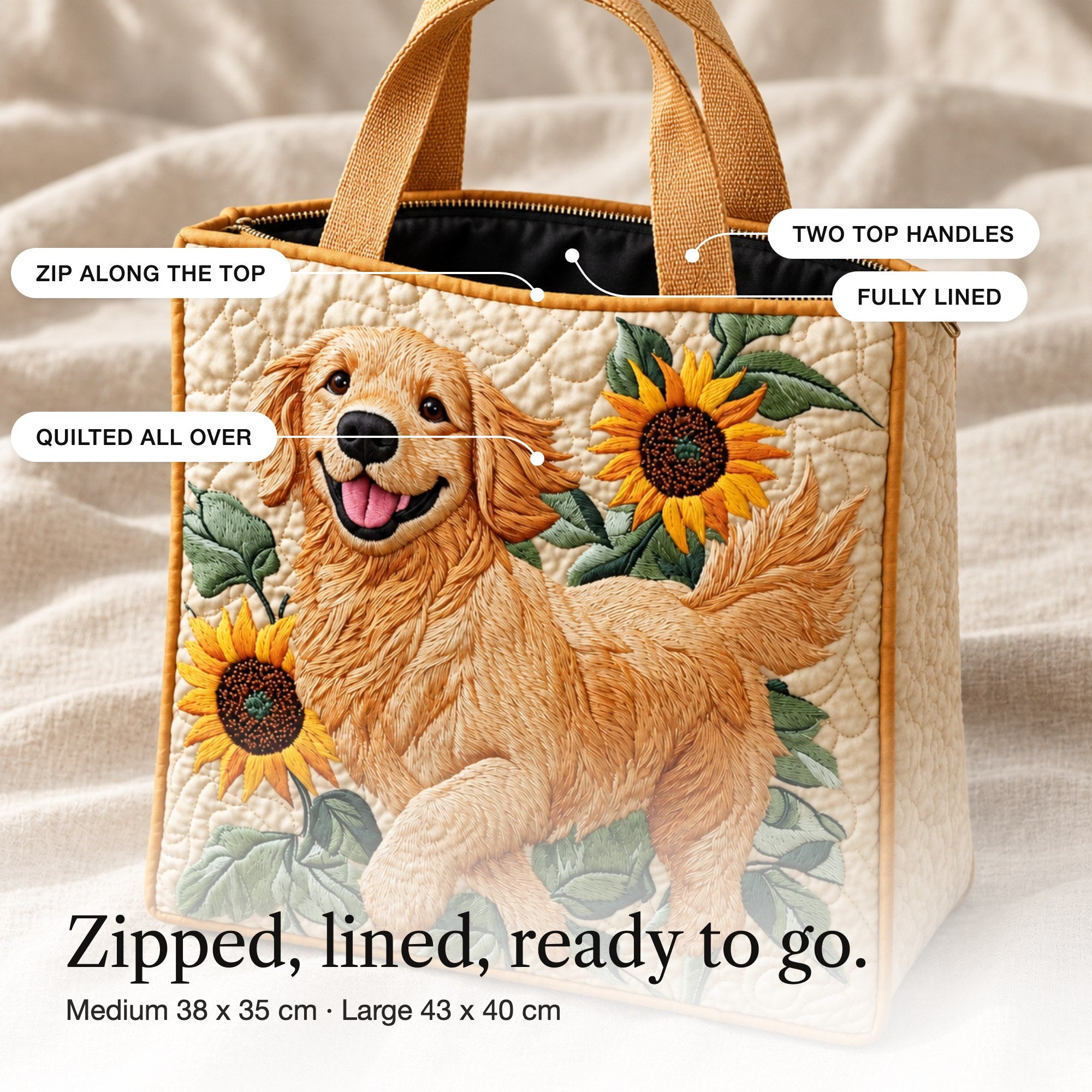 Anstice | Quilted Tote Bag with a Retriever and Sunflowers, detail