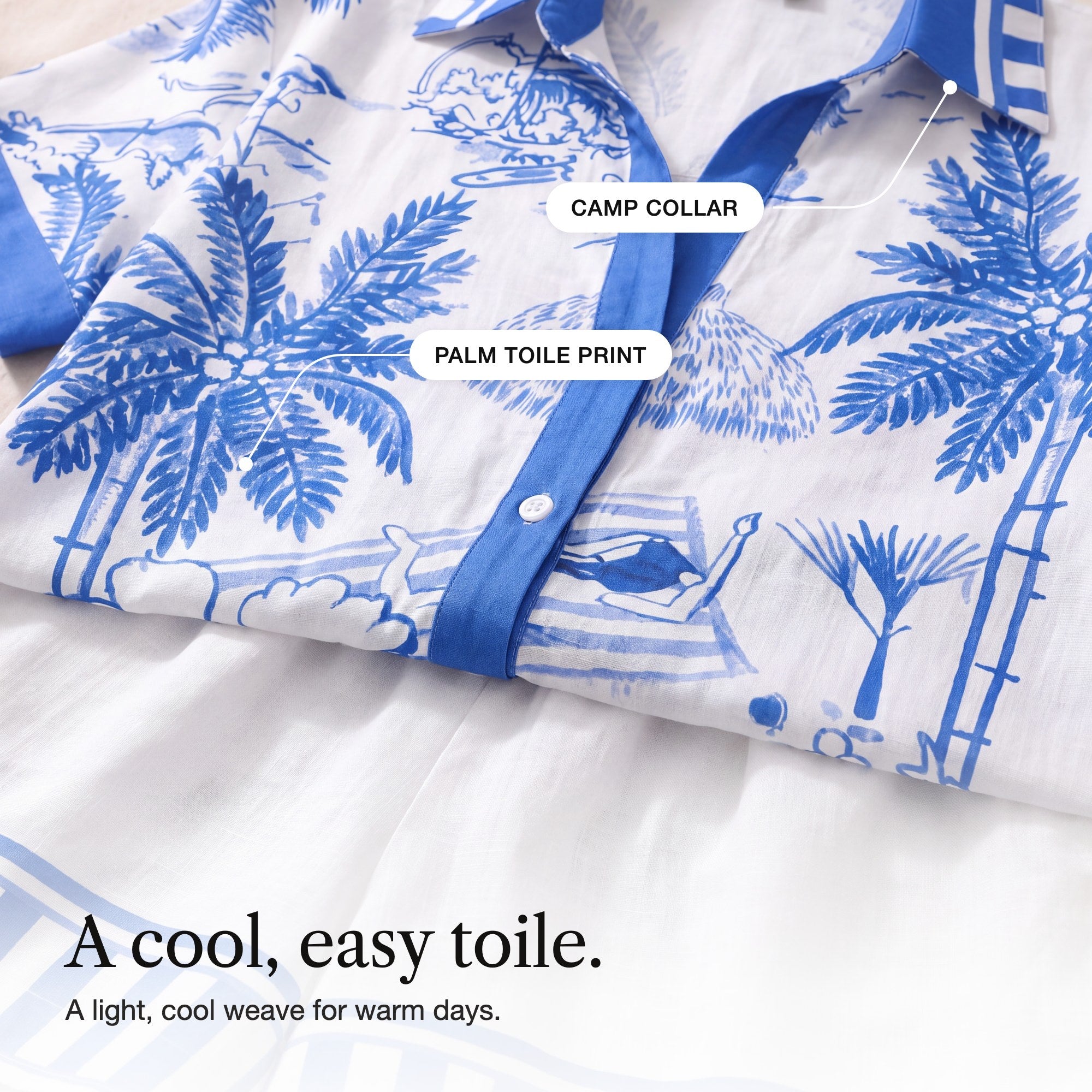 Anthea | Camp-Collar Shirt and Shorts Set with a Palm Toile Print, detail