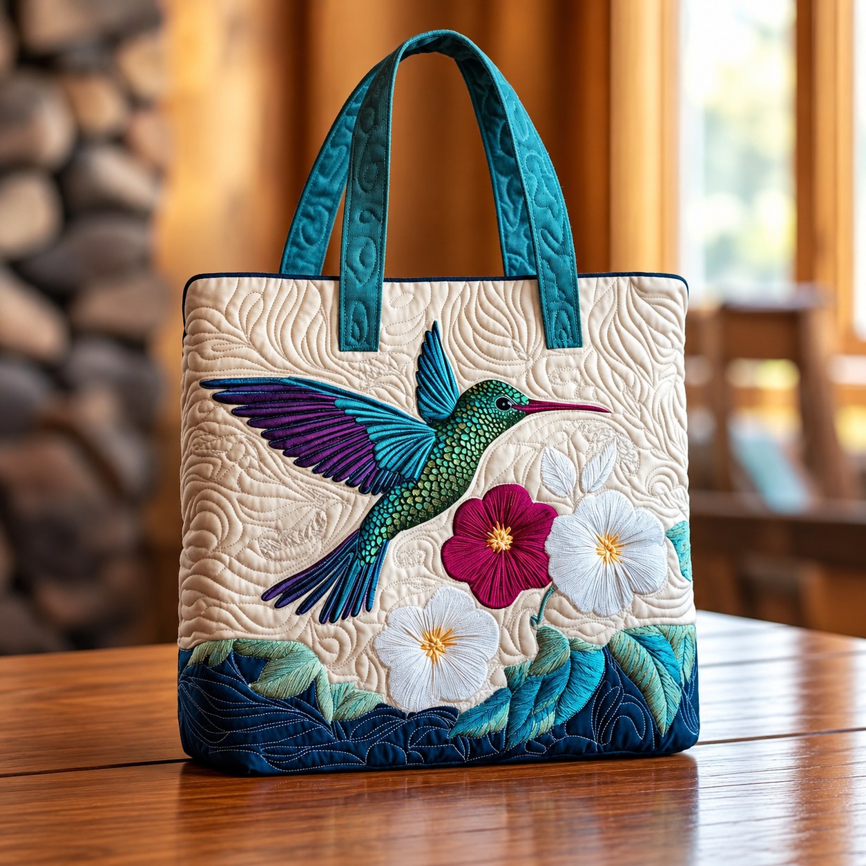 Handcrafted Bag - Hummingbird and White Flowers