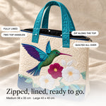 Aphra | Quilted Tote Bag with a Hummingbird and Flowers