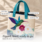 Aphra | Quilted Tote Bag with a Hummingbird and Flowers