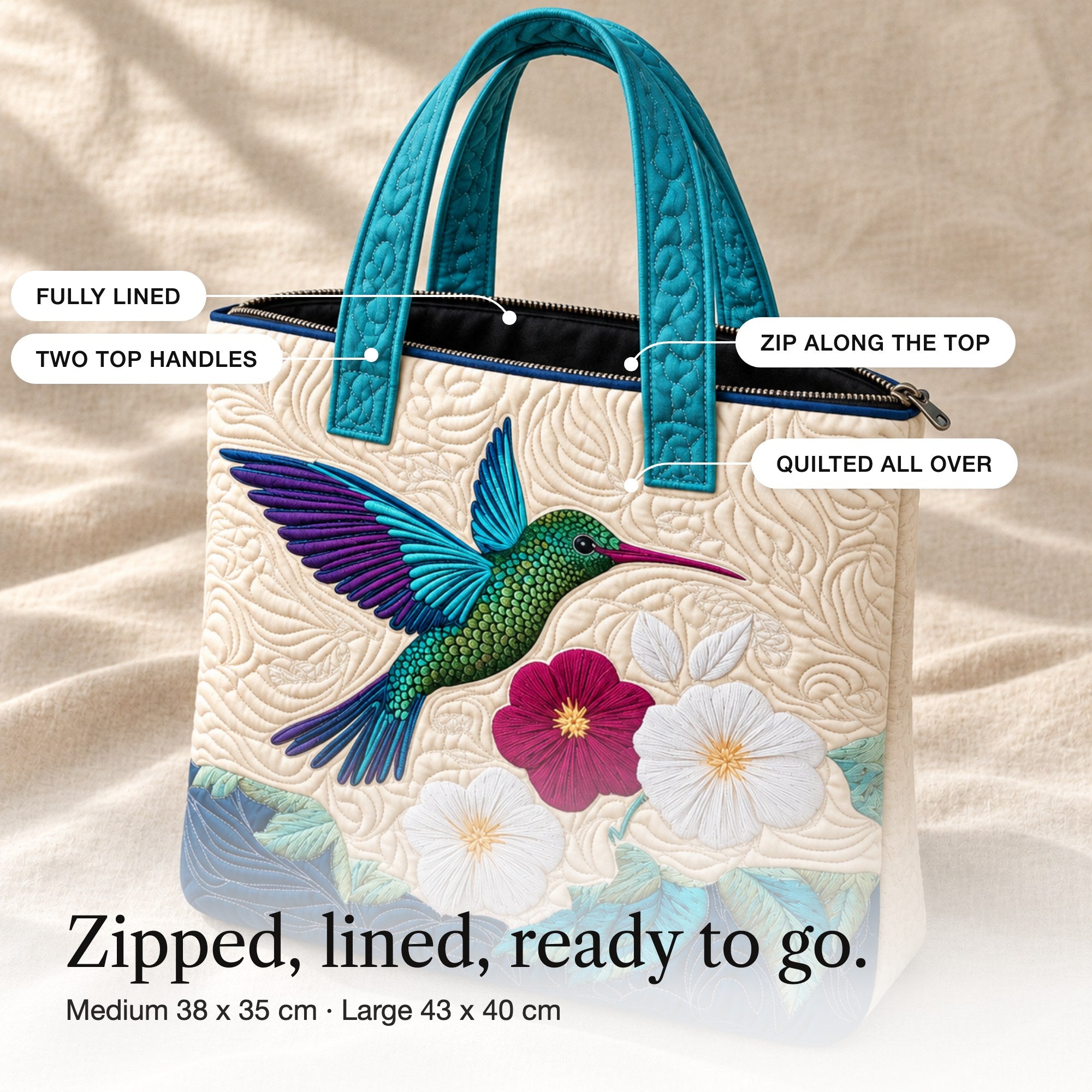 Aphra | Quilted Tote Bag with a Hummingbird and Flowers, detail