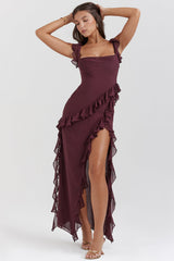 Janey | Square-Neck Maxi Dress with Asymmetric Ruffles and a Slit