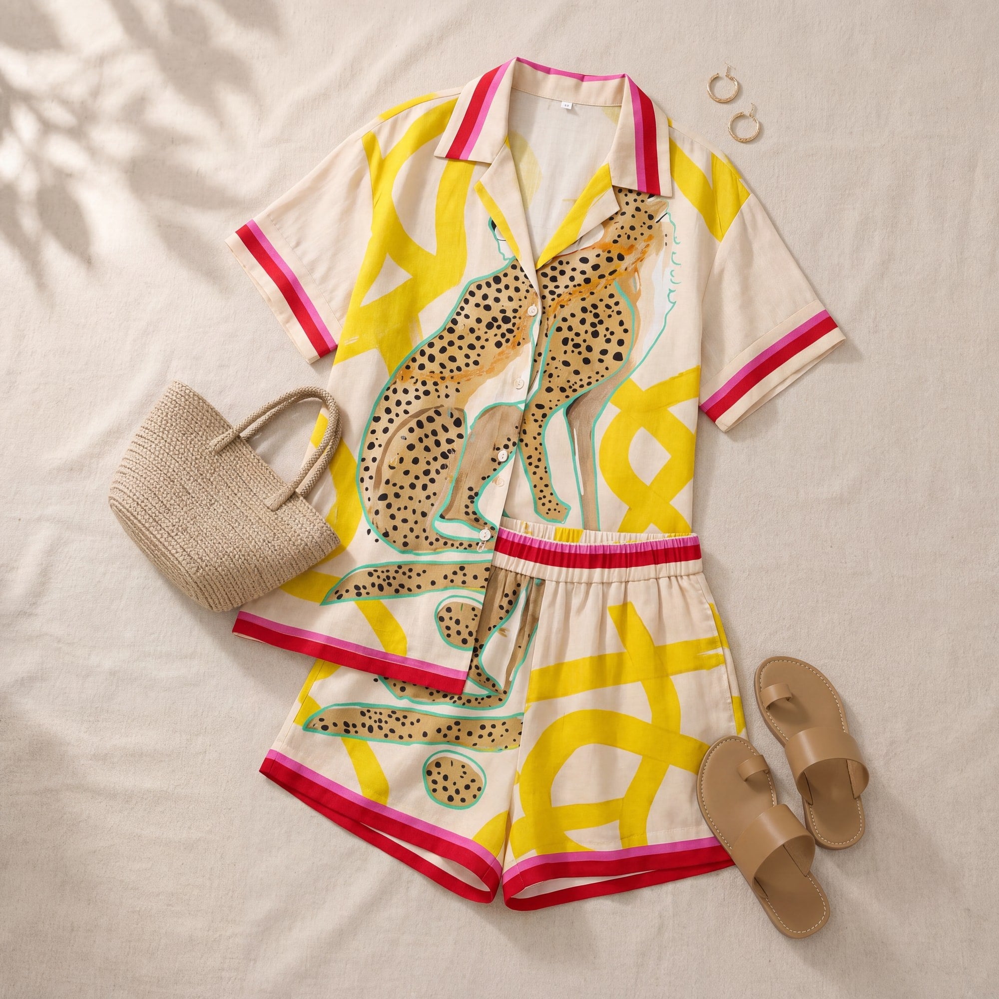 Armance | Cheetah Print Shirt and Shorts Set with Striped Trim, flat lay