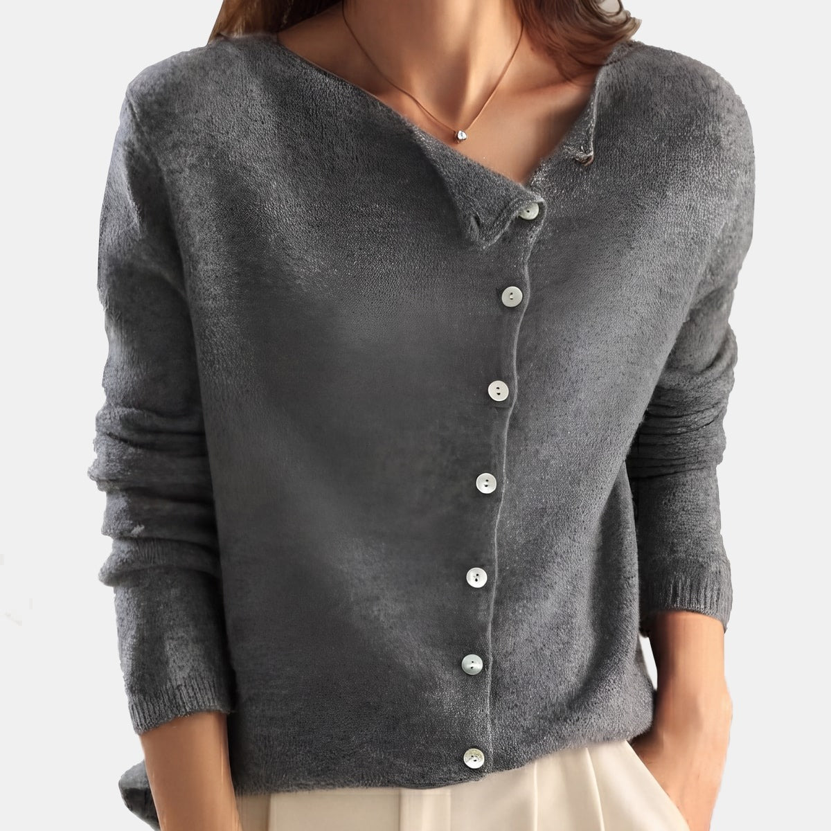 Asymmetric Button Cardigan Grey, studio photo