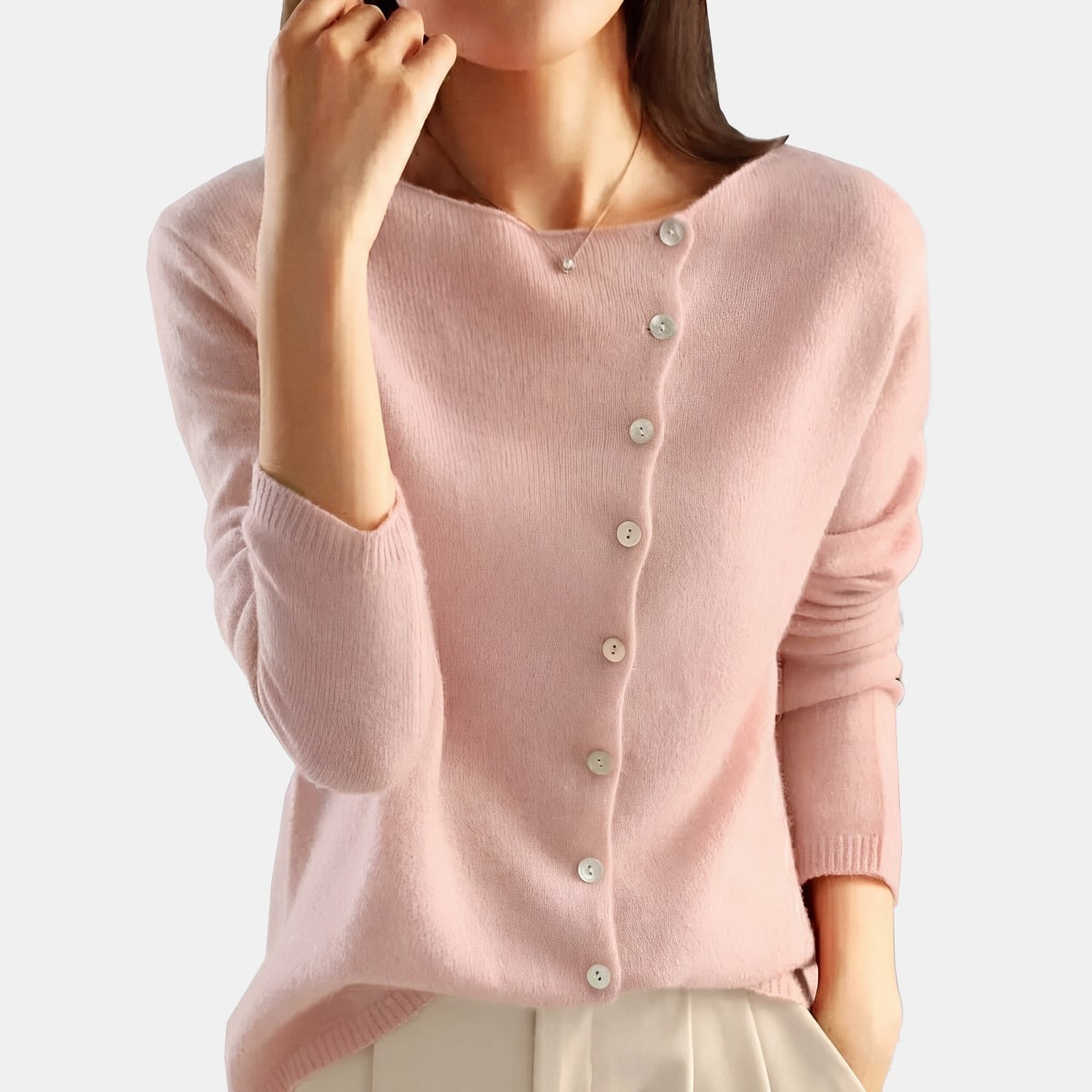 Asymmetric Button Cardigan Pink, studio photo