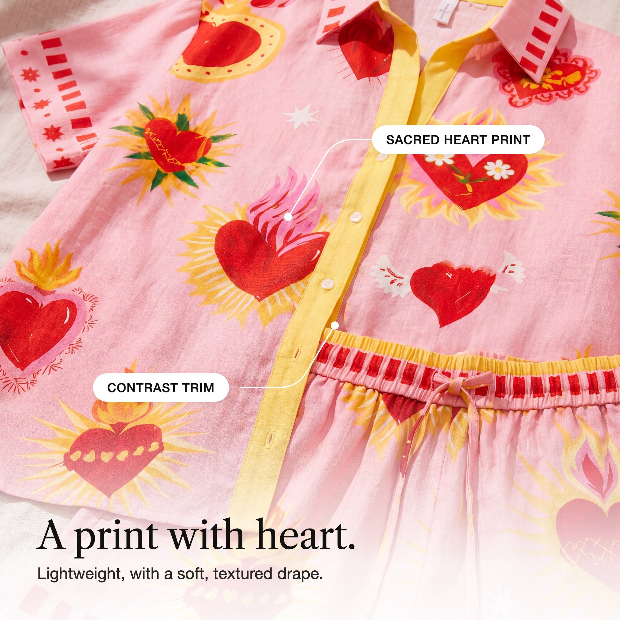 Athenais | Sacred Heart Print Shirt and Shorts Set, detail