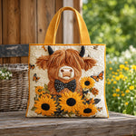 Avril | Quilted Tote Bag with a Highland Cow and Sunflowers