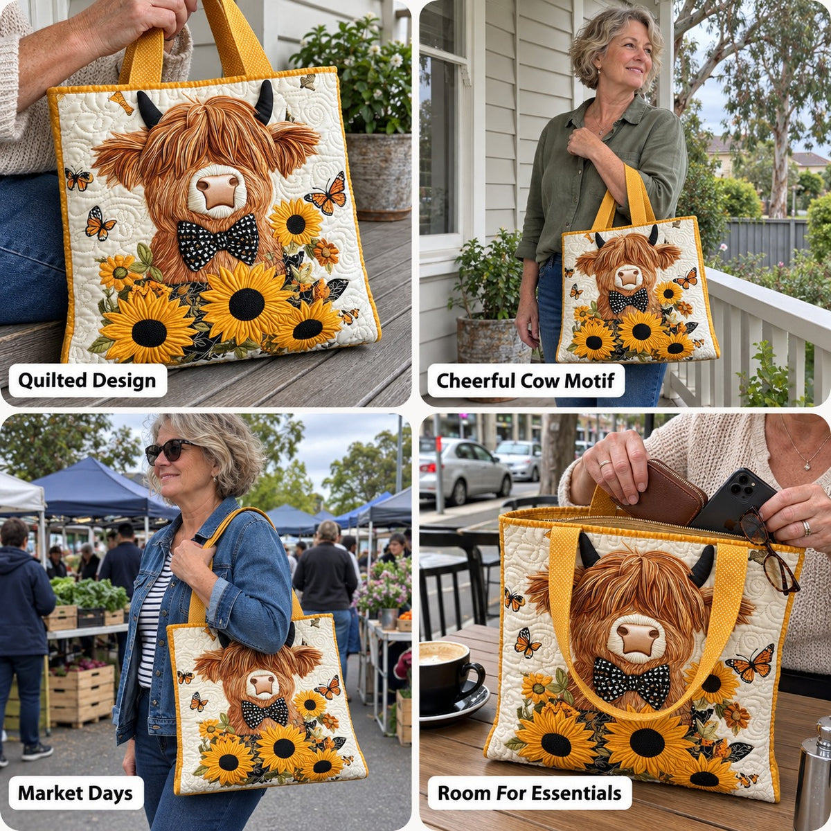 Avril | Quilted Tote Bag with a Highland Cow and Sunflowers