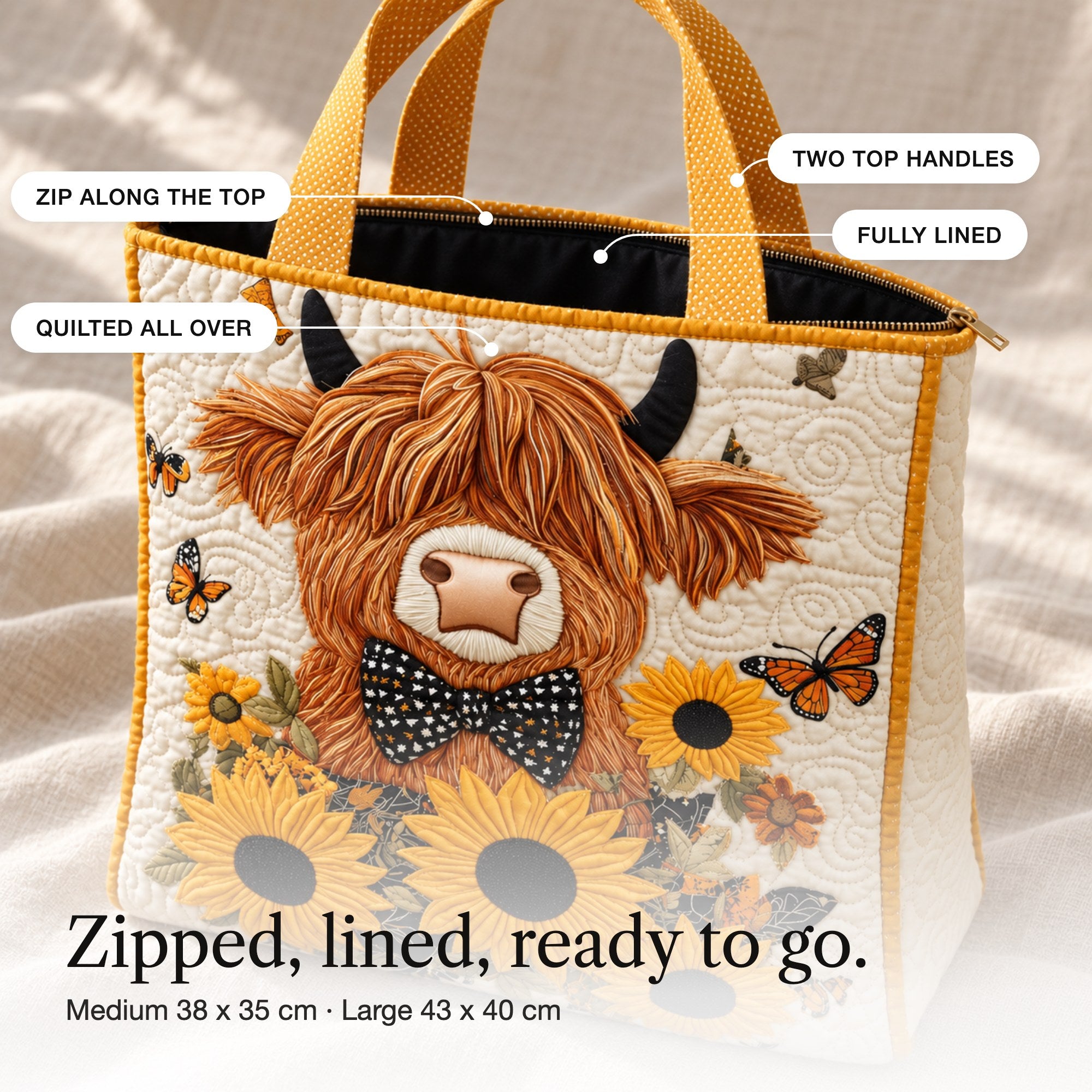 Avril | Quilted Tote Bag with a Highland Cow and Sunflowers, detail